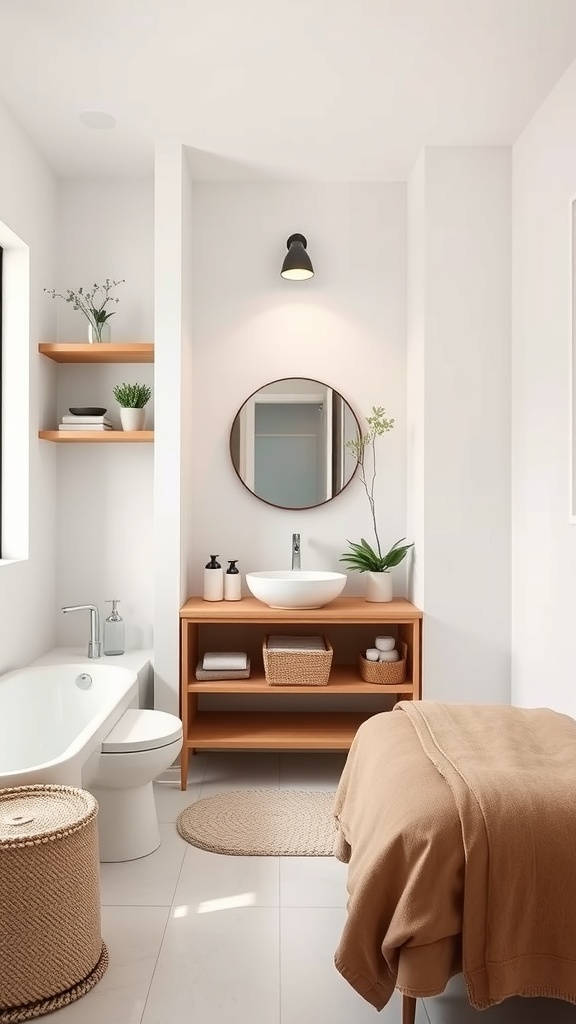 A modern minimalist bathroom featuring open wooden shelving, a round mirror, and a cozy color scheme.