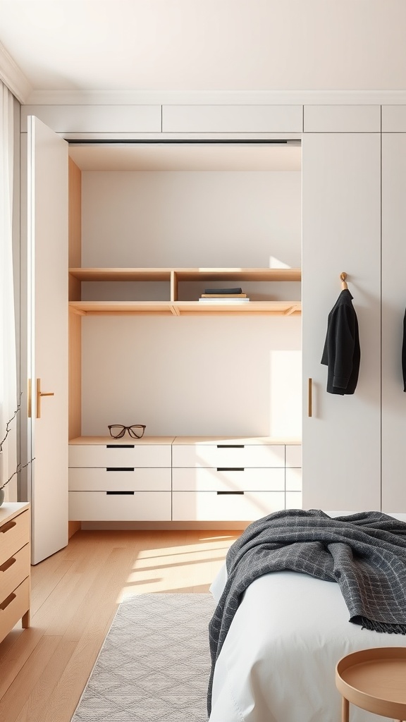 A minimalist open wardrobe design featuring shelves and drawers, with a modern and tidy appearance.