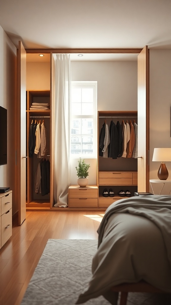 A minimalist open wardrobe design in a bedroom featuring wooden finishes, neatly arranged clothes, and a small plant.