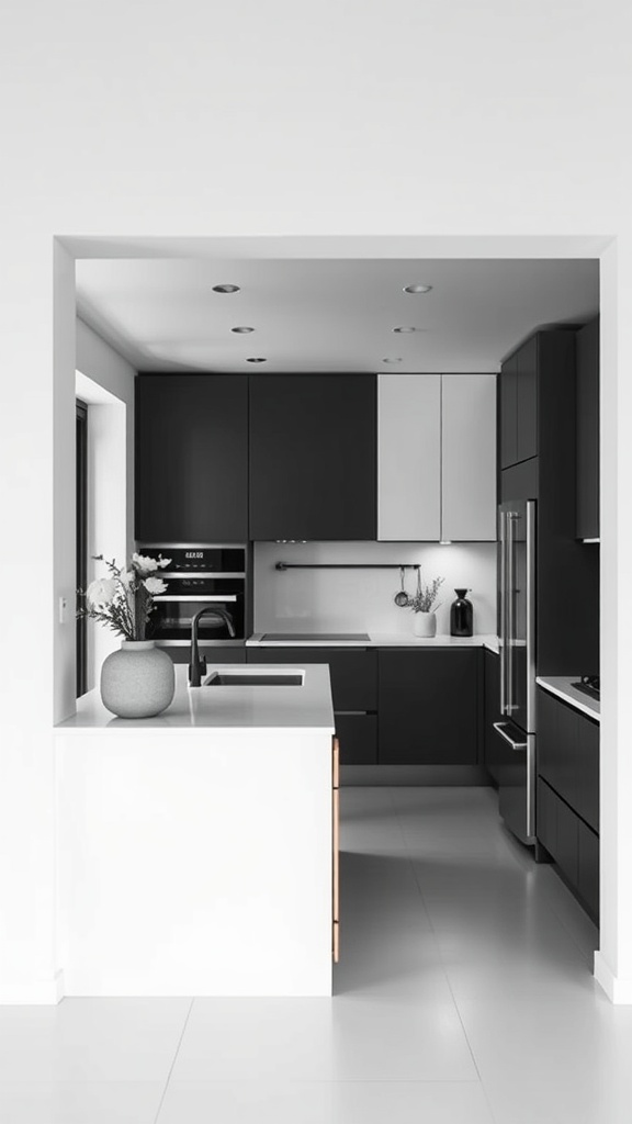 Minimalist kitchen pass through with clean lines and contrasting black and white cabinetry.