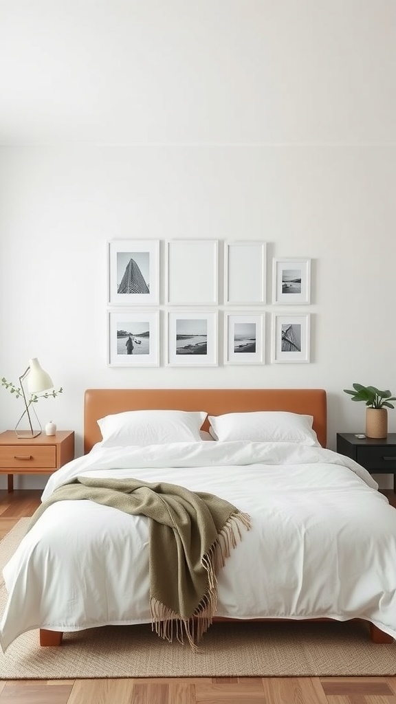 A minimalist photo grid displayed above a bed in a stylish bedroom.