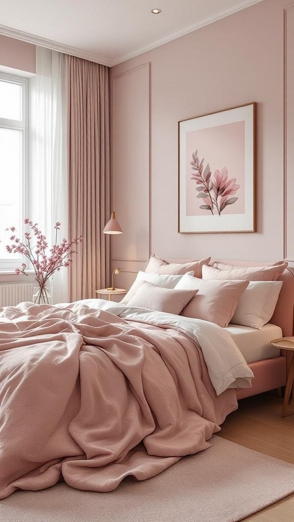 A minimalist pink bedroom featuring soft pink bedding, light wood flooring, and decorative elements.