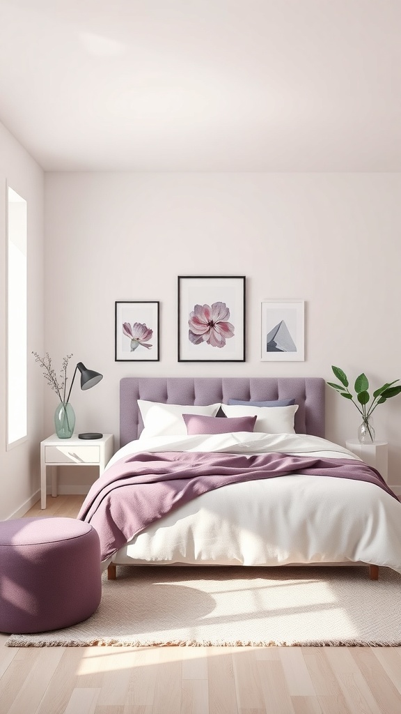 A minimalist purple bedroom featuring a lavender headboard, white bedding, and purple accents.