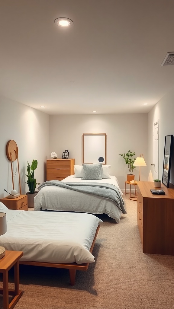 A minimalist basement bedroom with two beds, wooden furniture, and plants.