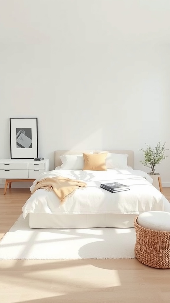 A minimalist teen bedroom with a cozy bed, simple furniture, and bright decor.