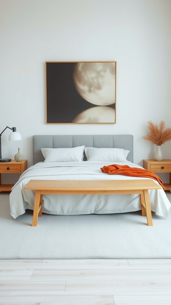 A minimalist Scandinavian bench placed at the end of a bed in a well-decorated bedroom.