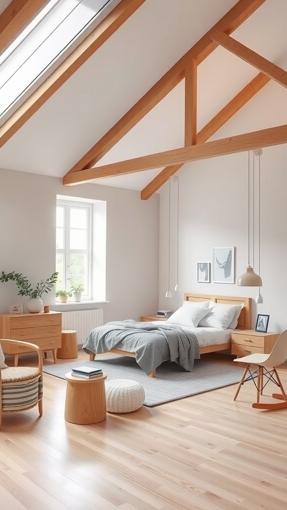 A minimalist Scandinavian loft bedroom featuring wooden elements, a cozy bed, and natural light.