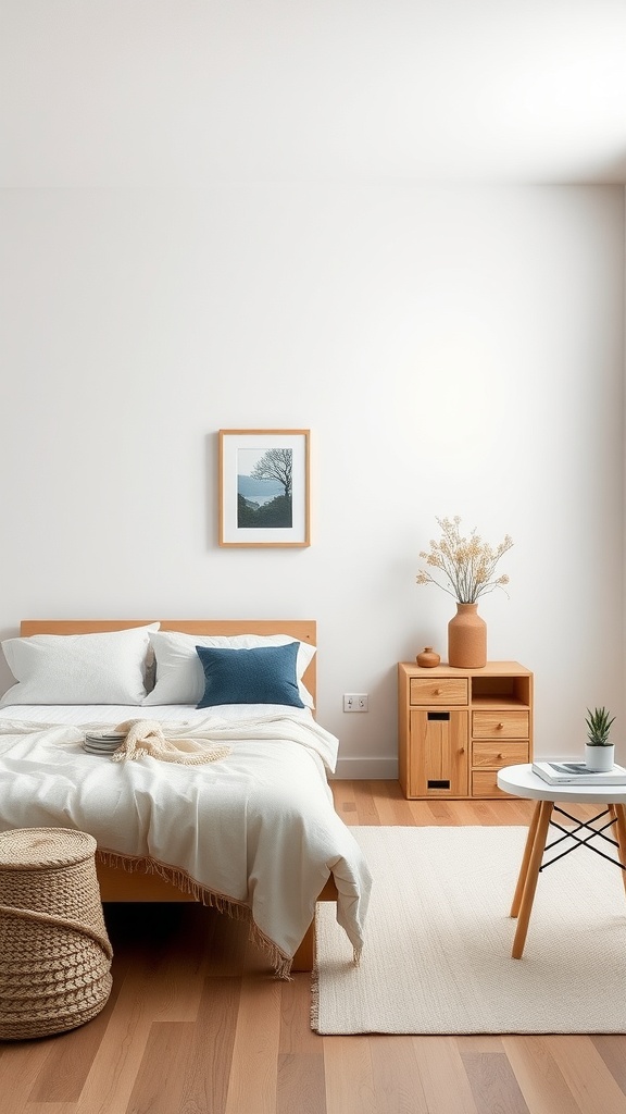 A minimalist Scandinavian bedroom featuring a wooden bed, soft bedding, a side table with a vase, and natural light.