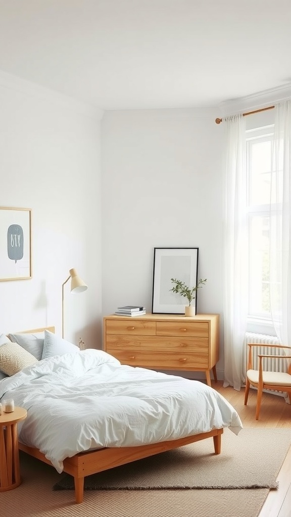 A minimalist Scandinavian style bedroom featuring a wooden bed, light bedding, and natural decor.