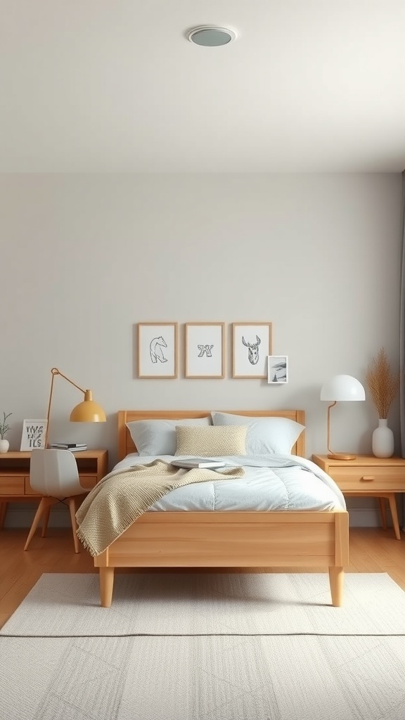 A minimalist Scandinavian bedroom featuring a wooden bed, soft bedding, and simple decor.