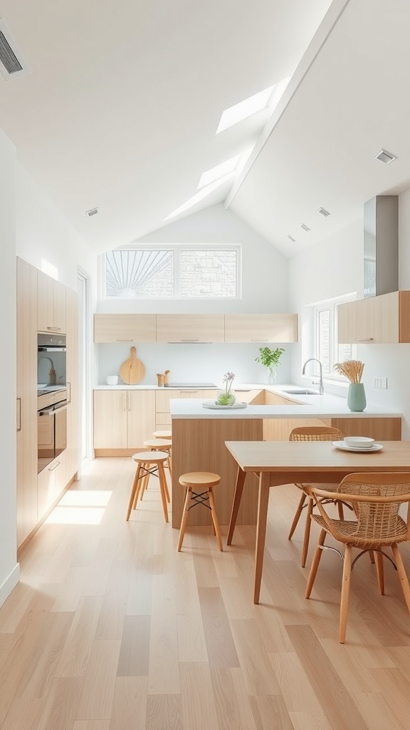 A modern kitchen featuring minimalist Scandinavian design with natural light, wooden tones, and stylish furniture.