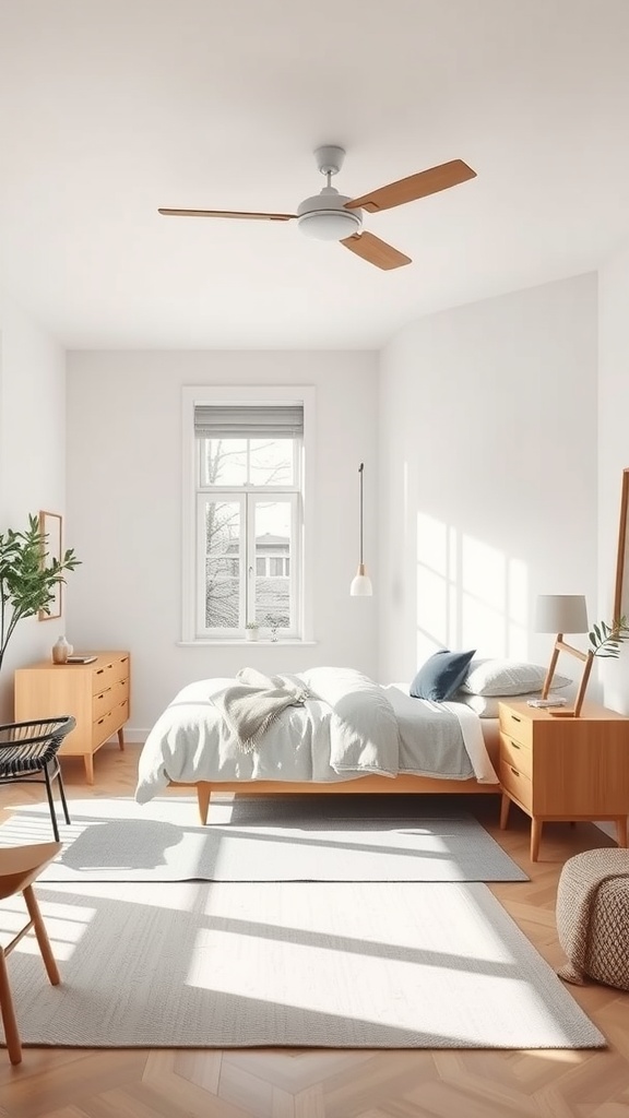 A minimalist Scandinavian bedroom featuring light colors, wooden furniture, and natural light.