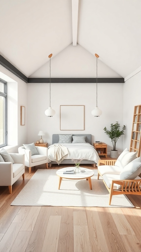 A minimalist Scandinavian style bedroom with high ceilings, natural light, and simple furniture.