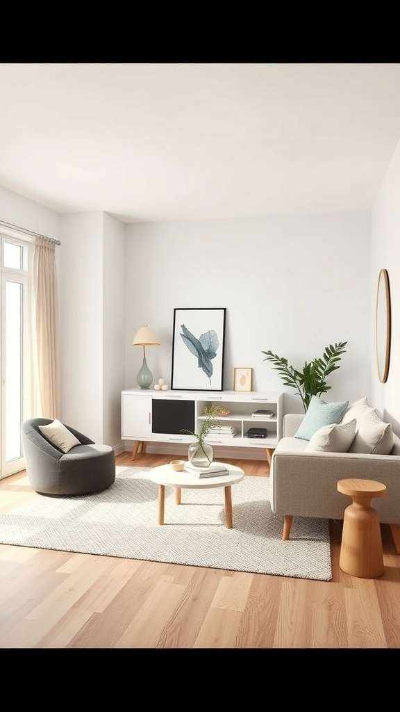 A minimalist Scandinavian living room featuring light colors, modern furniture, and a cozy atmosphere.
