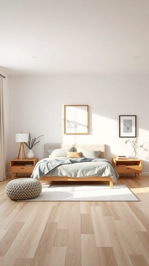 A minimalist Scandinavian bedroom featuring light wood furniture, neutral colors, and simple decor.