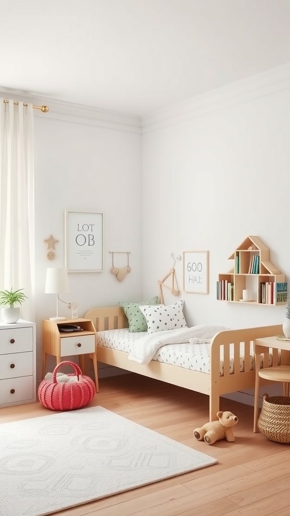 A minimalist Scandinavian style kids bedroom featuring a wooden bed, soft bedding, and stylish storage solutions.