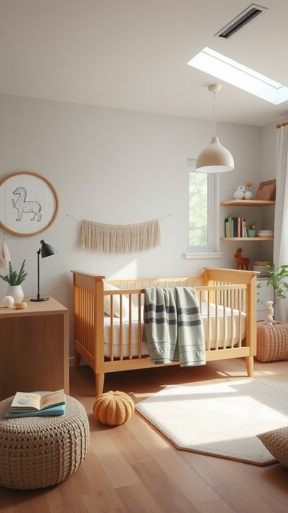 A minimalist Scandinavian baby boy room featuring a wooden crib, cozy blanket, and natural light.