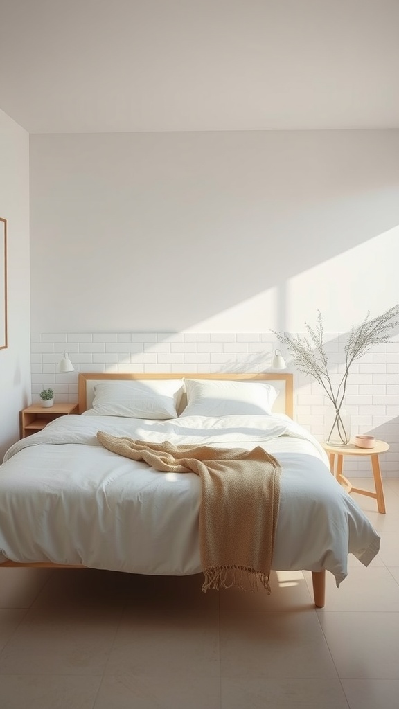 A minimalist Scandinavian bedroom with light tile flooring, a wooden bed, and natural light.