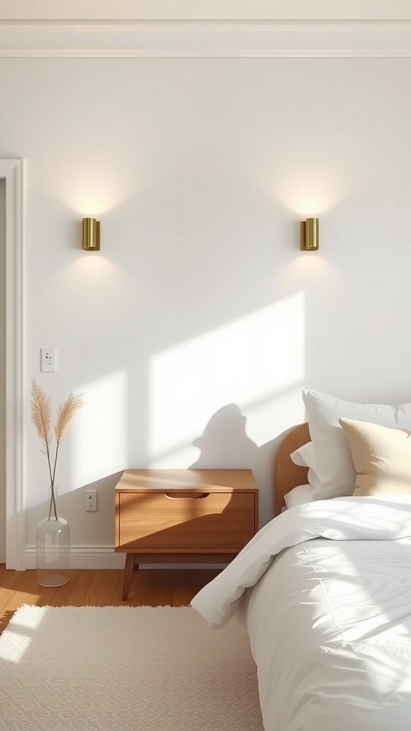 A minimalist bedroom with two wall-mounted sconces, a wooden nightstand, and a cozy bed, showcasing a clutter-free aesthetic.