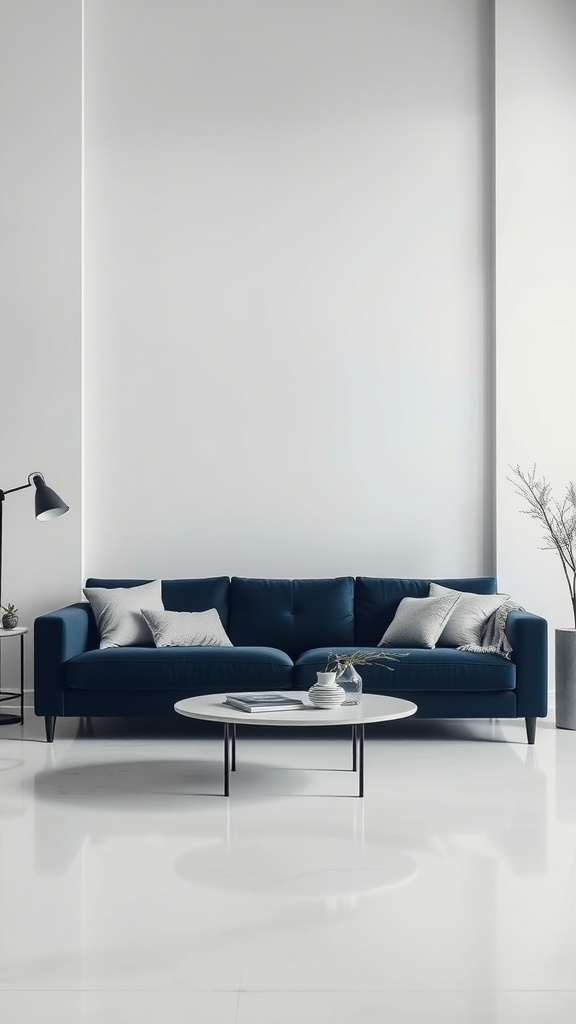 Navy blue sofa in a minimalist living room with light walls and a round coffee table