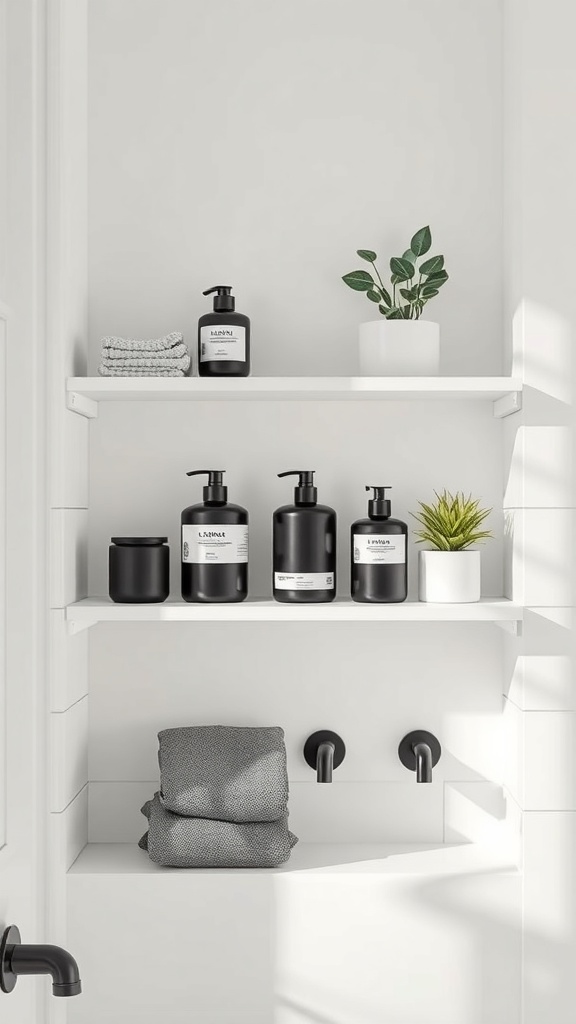 Minimalist shelf display in a black and white bathroom with towels and plants