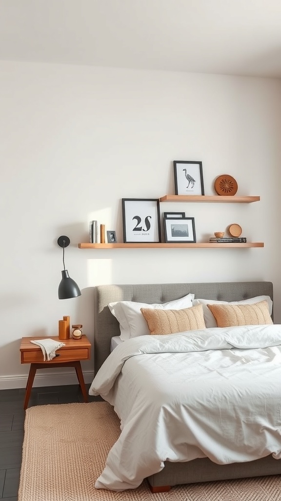 Cozy bedroom with minimalist wooden shelves displaying framed pictures and decorative items above the bed.