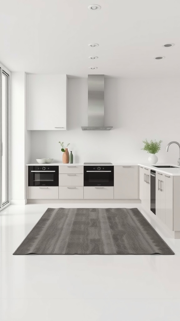 A modern kitchen featuring a minimalist dark gray rug on a white floor, complemented by sleek cabinets and appliances.