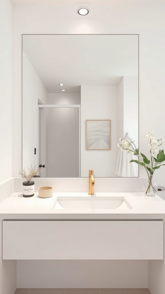 A minimalist bathroom countertop with a solid surface, featuring a golden faucet, decorative plants, and a clean design.
