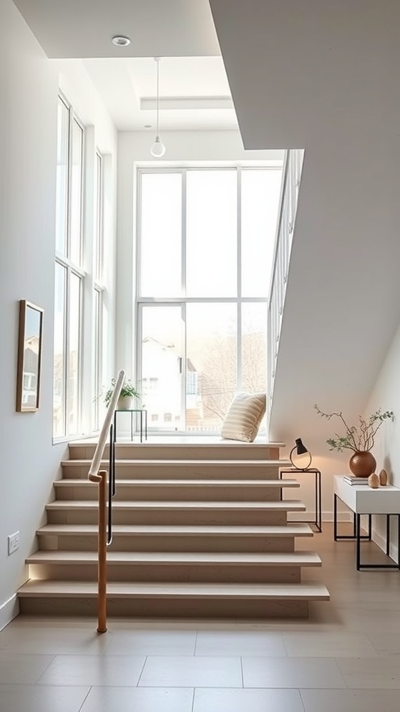 Minimalist staircase with natural light and wooden steps