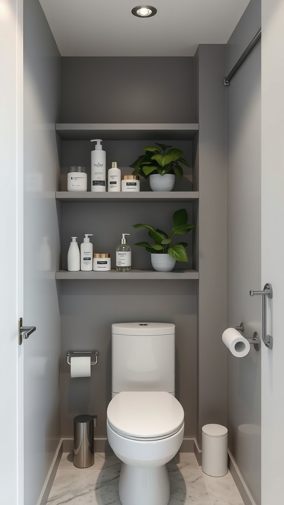 Minimalist bathroom storage solution with shelves above the toilet