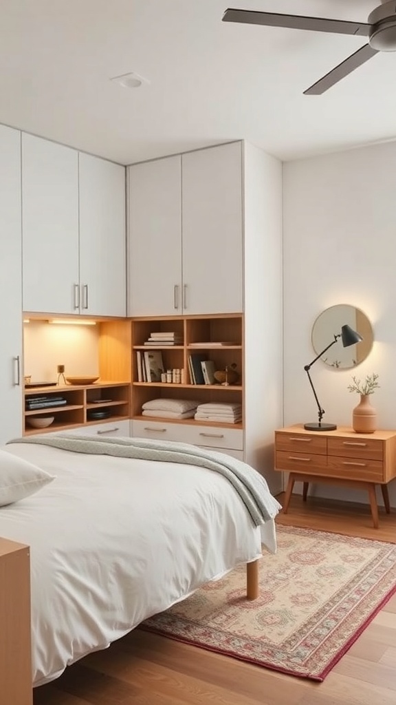 A mid-century modern bedroom featuring a bed, nightstand, bookshelf, and cozy chair, all in a minimalist style.