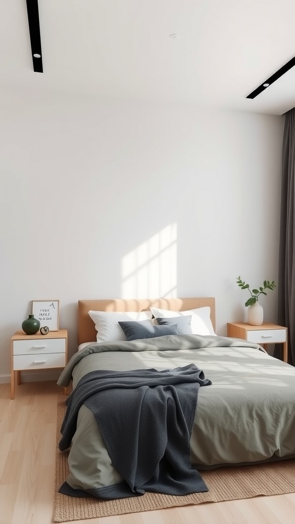 A minimalist bedroom featuring a bed with layered bedding, light colors, and simple decor.