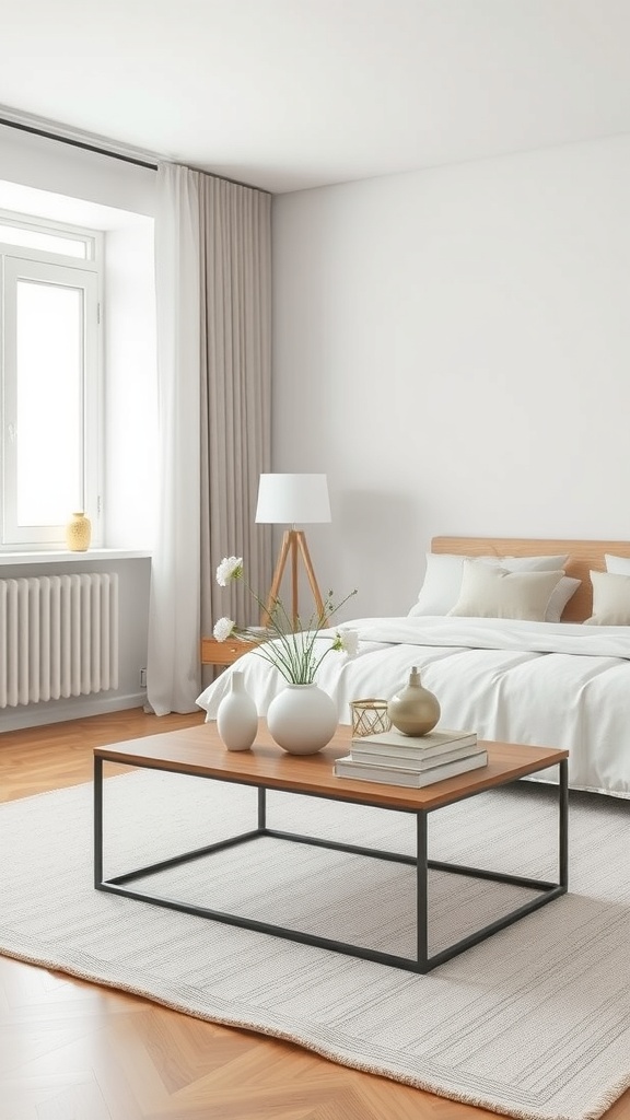 A minimalist coffee table with a wooden top and metal frame in a bright living room setting.