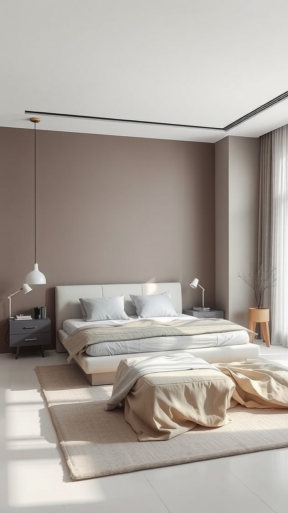 A minimalist bedroom with taupe walls, gray bedding, and simple furnishings.
