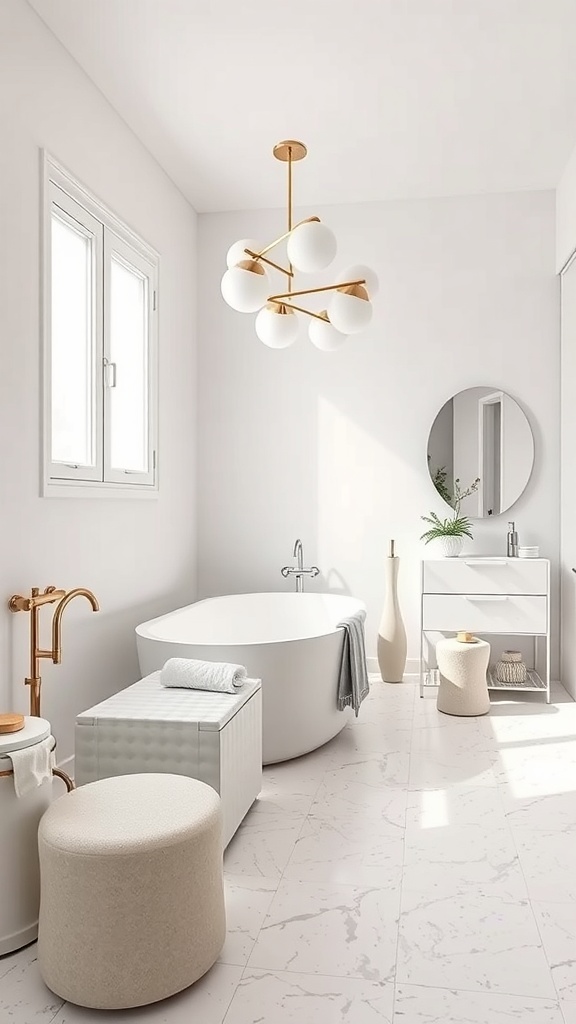 A minimalist bathroom featuring terrazzo flooring, a freestanding bathtub, and modern fixtures.