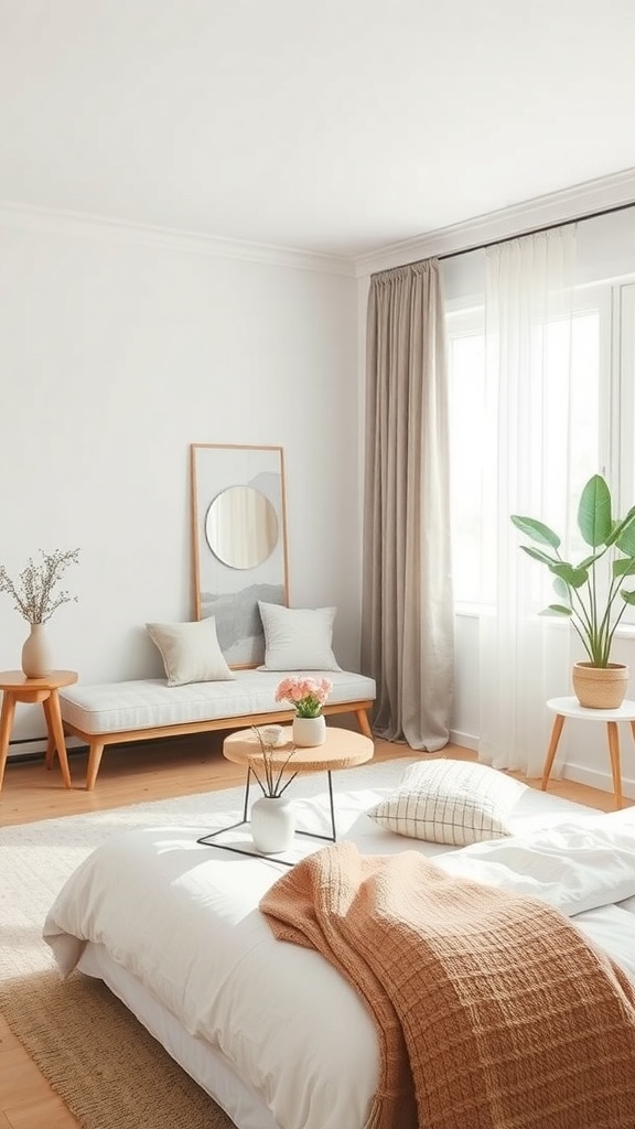 A minimalist living room featuring soft textiles, light curtains, and a cozy atmosphere.