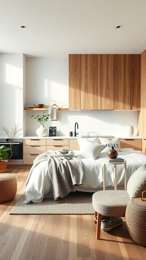 A minimalist kitchen featuring wooden cabinets, soft textiles, and plants for a cozy atmosphere.