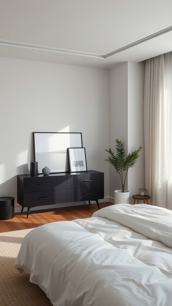 A minimalist bedroom featuring a white bed, black dresser, and a green plant.