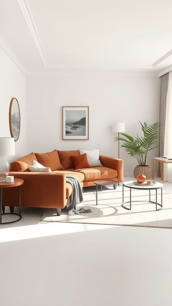 A minimalist living room featuring a brown couch, light walls, and simple decor.