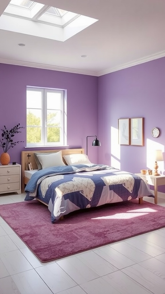 A minimalist violet bedroom featuring purple walls, a cozy bed with a blanket, and natural light from a window.