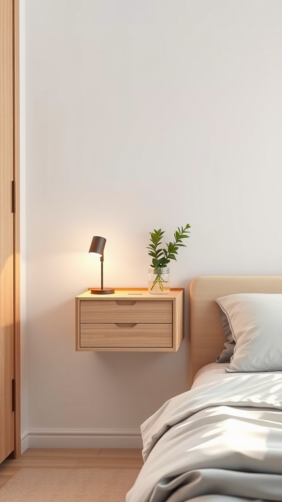 A minimalist wall-mounted nightstand with a lamp and a small plant, next to a bed