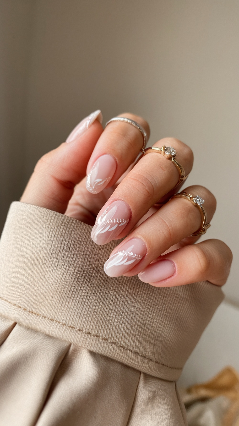 Close-up of minimalist white almond nails with delicate designs, accessorized with rings.