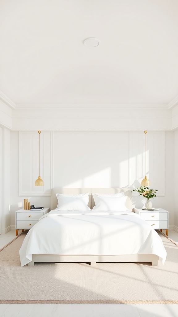 A minimalist bedroom featuring a white ceiling, a light bed, and simple decor.