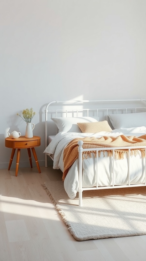 Minimalist bedroom featuring a white metal bed frame with soft textiles and natural elements