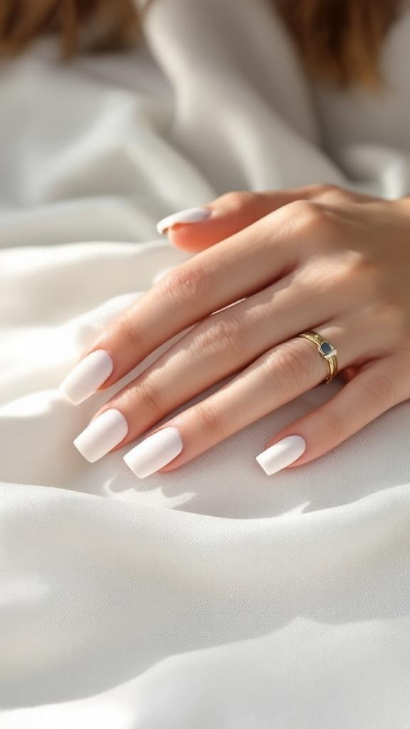 A close-up of a hand with minimalist white square nails, adorned with rings, resting on a small table.