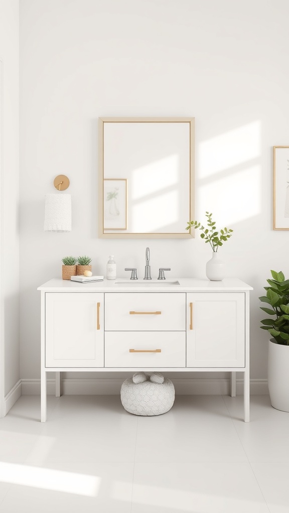 A minimalist white bathroom vanity with clean lines, featuring gold handles, a sleek faucet, and decorative plants.