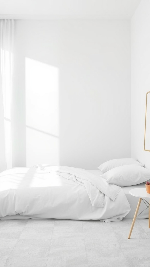 A minimalist bedroom with white walls, a neatly made bed, and a small side table