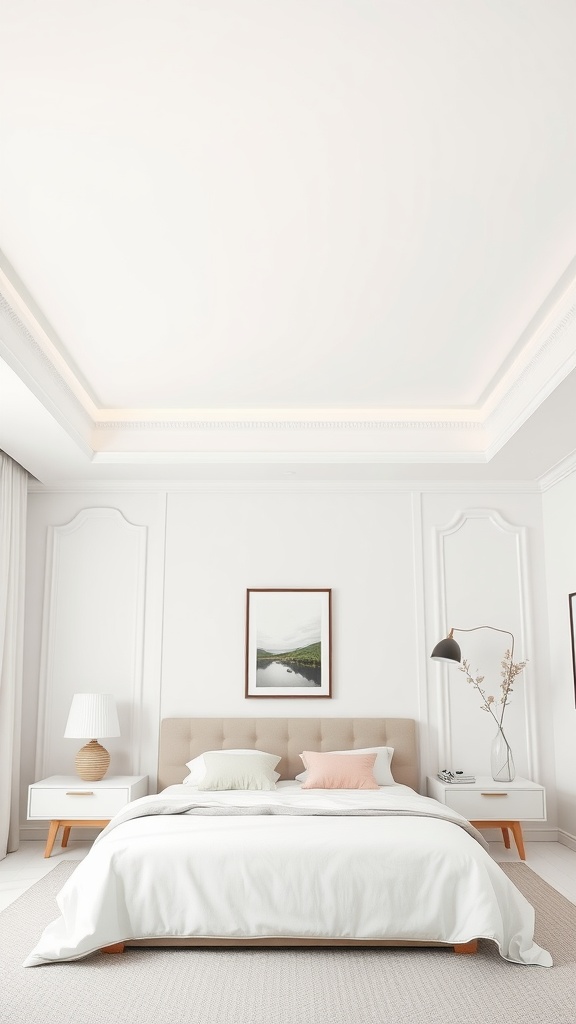 Minimalist bedroom with white walls, soft bedding, and subtle pastel accents