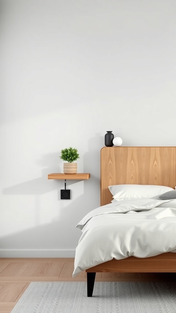 A minimalist wooden floating nightstand with a potted plant and decorative items, mounted beside a bed.