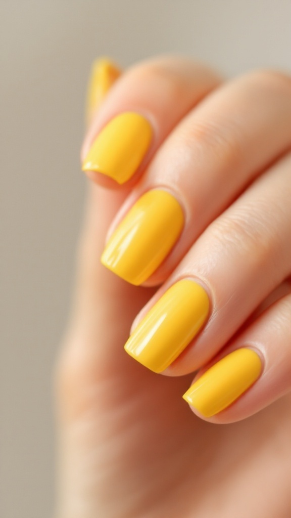 Close-up of hands with bright yellow nail polish.
